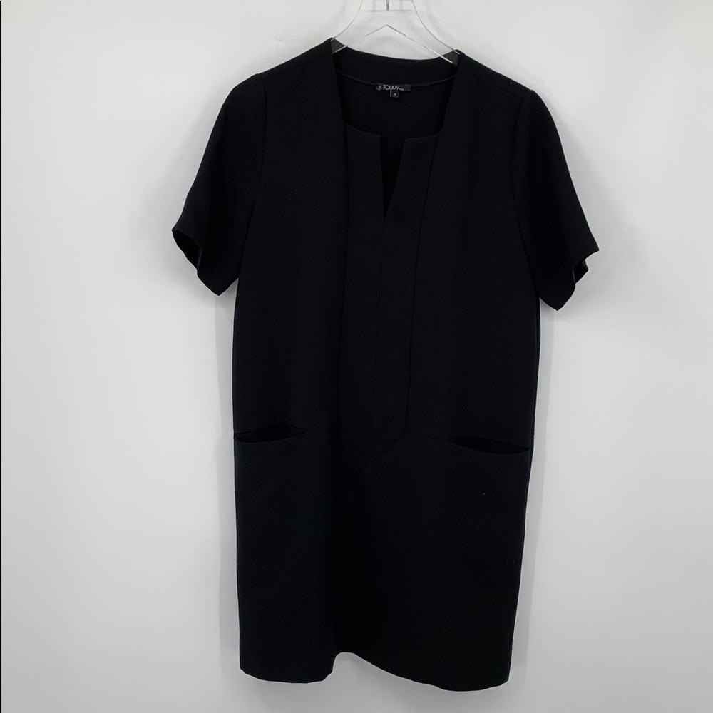 Toupy shift dress black short sleeve split neck zipper pocket Medium M